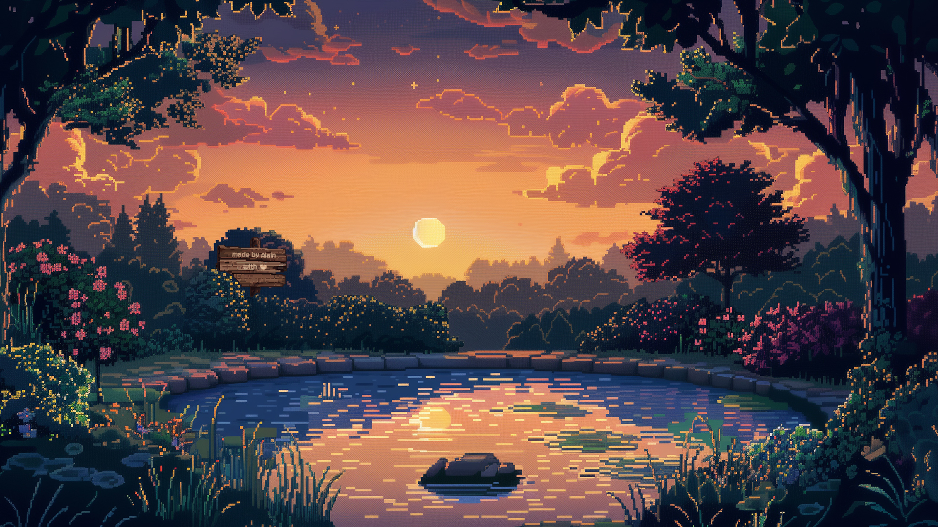 Background of the app showing a pond at sunset